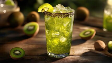 A refreshing green drink with ice and kiwi slices, set on a wooden table.