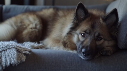 A relaxed dog lying on a couch, looking thoughtfully at the camera.
