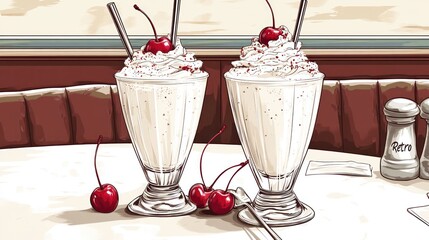 Two milkshakes topped with whipped cream and cherries on a table.