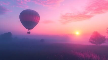 Obraz premium Hot Air Balloon Soaring at Sunrise Over Misty Field.