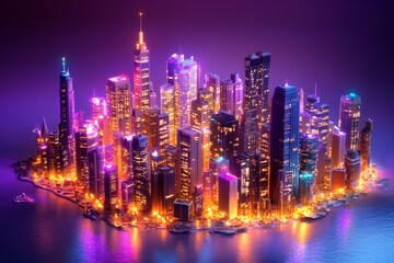 Obraz premium 3D rendering of a 3D cityscape with skyscrapers and illuminated buildings