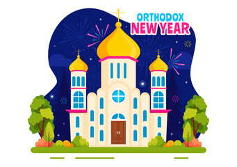 Fototapeta premium Happy Orthodox New Year Vector Illustration Celebrated on January 14, Featuring a Church and Fireworks in a Flat Cartoon Style Background