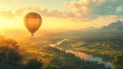 Fototapeta premium Sunrise Hot Air Balloon Ride Over Scenic Landscape.