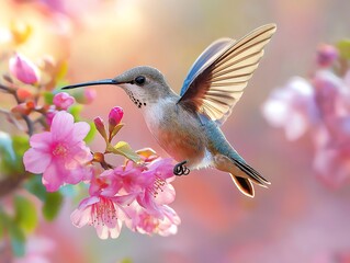 Fototapeta premium Hummingbird in Flight Near Pink Blossoms, Springtime Beauty