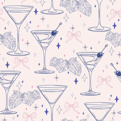 Elegant Seamless Pattern with Alcohol Cocktails, Martini, Monstera Leaves, and Cute Bows – Hand-Drawn Vector background