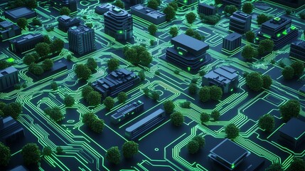 Fototapeta premium Futuristic city with glowing circuit designs.