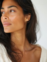 elegant mature older woman beauty closeup studio portrait - skincare beige and white aesthetic, diverse beauty © MakeStories.com