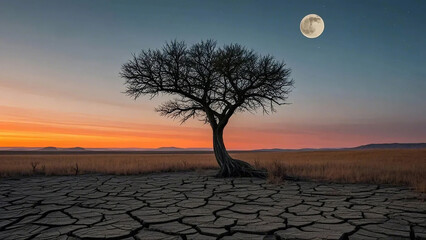 Fototapeta premium landscape with moon tree earth in the desert