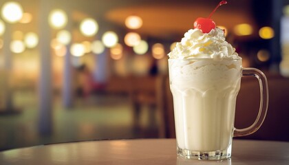 A delicious shot of a milkshake made with vanilla ice cream and milk, topped with whipped cream