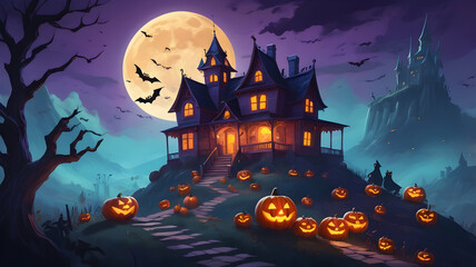 Enchanted Halloween Night Spooky House  with Jack-o'-lanterns under a Full Moon
