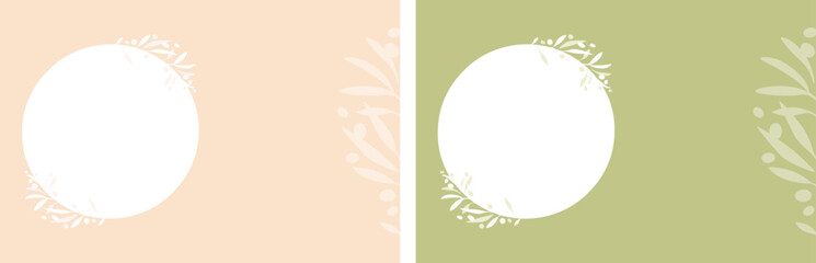Faire-part de baptême avec cadre rond pour photo, décoré d'une branche d'olivier, déclinaison rose poudré et vert olive, design pour carte d'invitation et annonce de naissance, espace pour texte