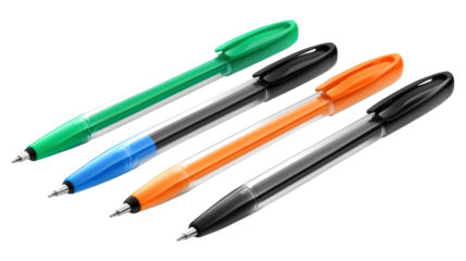 A set of transparent plastic ballpoint pens in different colors isolated on transparent background