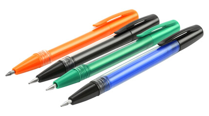 A set of transparent plastic ballpoint pens in different colors isolated on transparent background