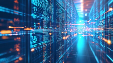 High-tech blue background with interconnected nodes and digital flow lines