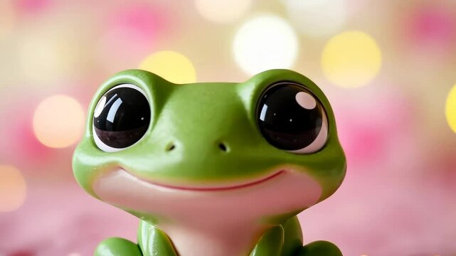 Charming green frog toy with sparkling eyes on pink background