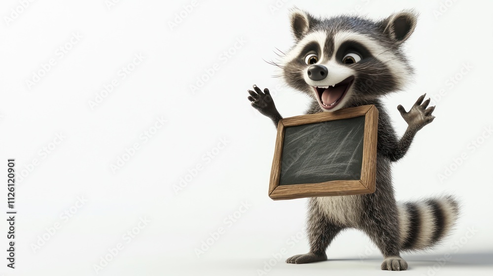 Poster a cheerful raccoon character holding a chalkboard, ready to share a message or lesson.
