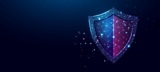 Guard shield. Cyber security concept with glowing low poly shield on dark blue background. Wireframe low poly design. Abstract futuristic vector illustration.