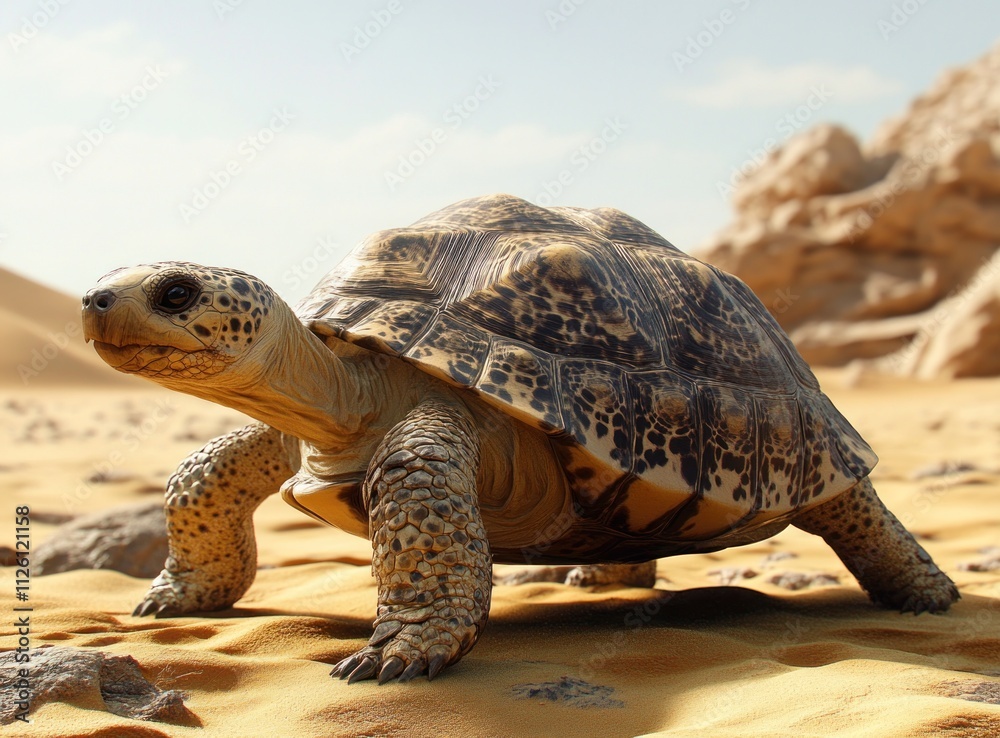 Poster a realistic turtle in a desert landscape, showcasing its detailed shell and environment.