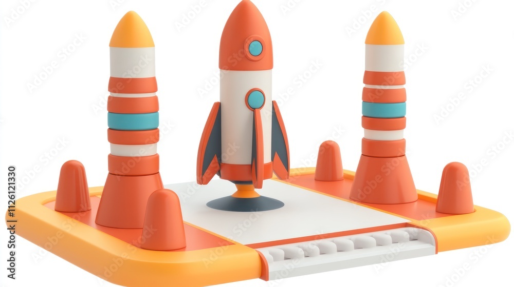 Aufkleber a colorful rocket model surrounded by launch pads, ideal for educational play and creativity.