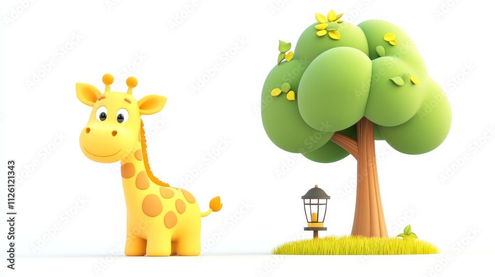 Poster a cheerful cartoon giraffe stands beside a stylized tree and a lantern in a bright setting.