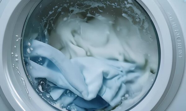 A close-up view of a washing machine drum filled with soapy water and white fabric.