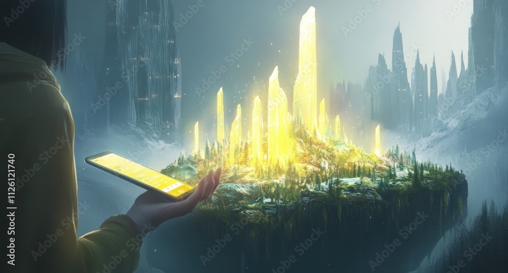 Poster a person holds a device while observing a glowing crystal landscape in a mystical environment.
