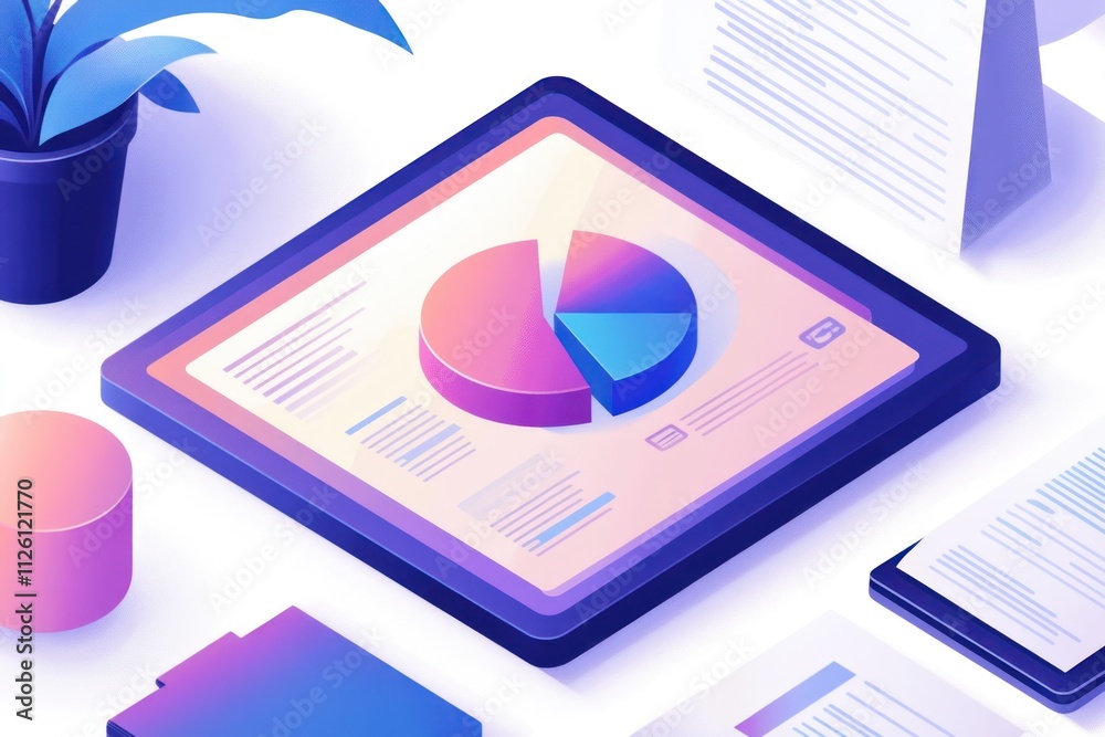 Poster Digital tablet displaying a colorful pie chart and reports, surrounded by office items.