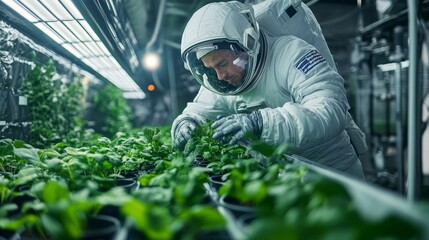 Astronaut in space garden tending green plants, sci-fi scene, futuristic setting