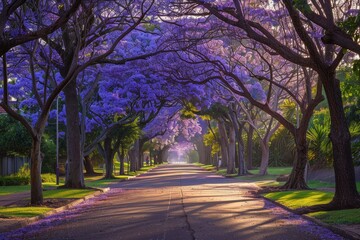 Fototapeta premium A tranquil street is covered by purple jacaranda blossoms, illuminated by soft morning light, creating a picturesque pathway surrounded by lush greenery.