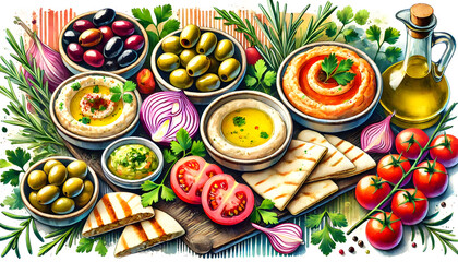 地中海料理の水彩イラスト: オリーブ、フムス、トマト、ピタパン、ハーブ