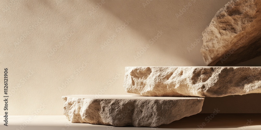 Poster a minimalist composition featuring textured stone slabs against a soft, neutral backdrop.
