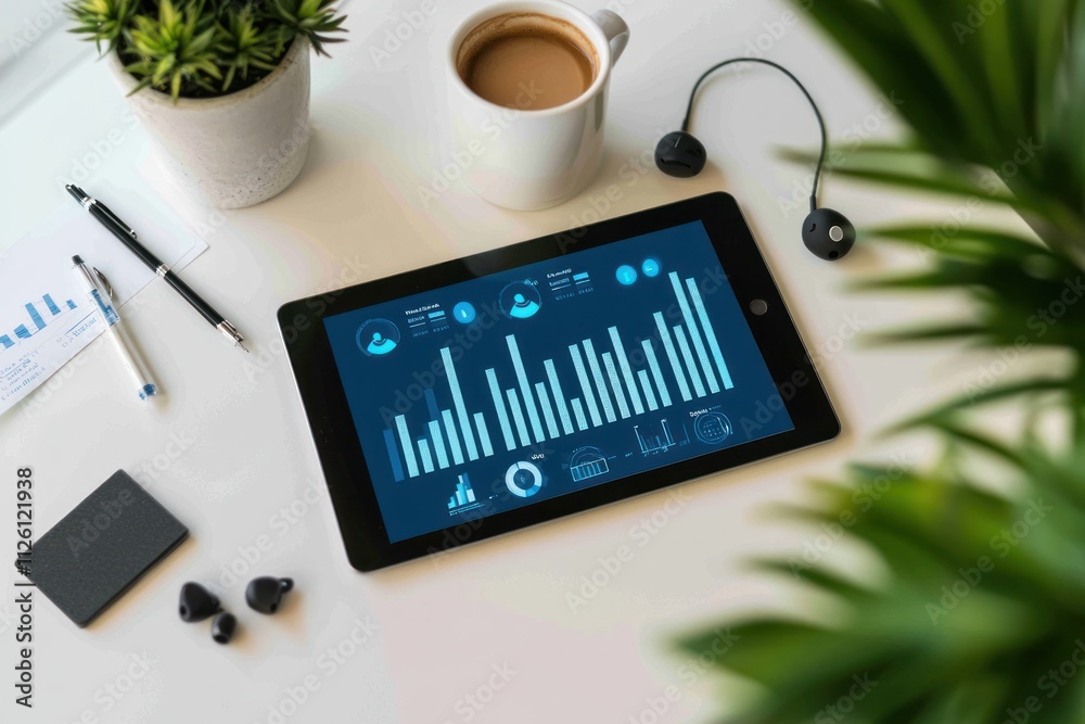 Poster a workspace featuring a tablet displaying data analytics, a coffee cup, and headphones.