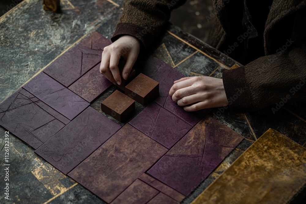 Aufkleber A person arranging geometric shapes on a textured surface, possibly for a puzzle or design.