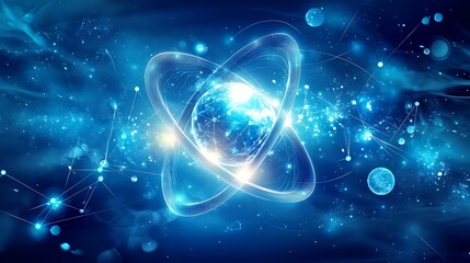 Obraz premium Modern science-themed blue background with flowing geometric shapes and glowing particles