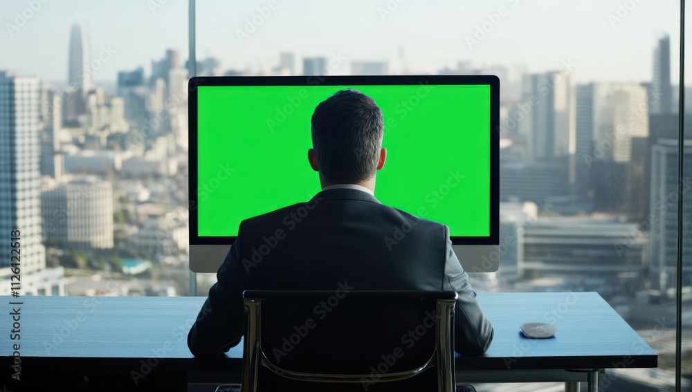 Poster a businessman sits at a desk facing a green screen computer in a high-rise office.