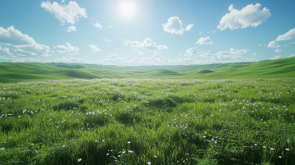 Fototapeta premium The landscape of bright green grasslands stretching to the hills, under a bright blue sky filled with white clouds, feels the simplicity and peace in the pure nature.