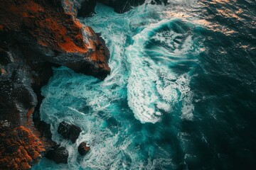 Obraz premium The sun sets behind towering cliffs, casting golden hues over turbulent ocean waves as they crash against jagged rocks, creating mesmerizing patterns in the water.