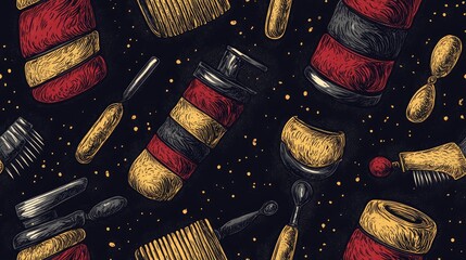 A pattern featuring barber tools and accessories on a dark background.