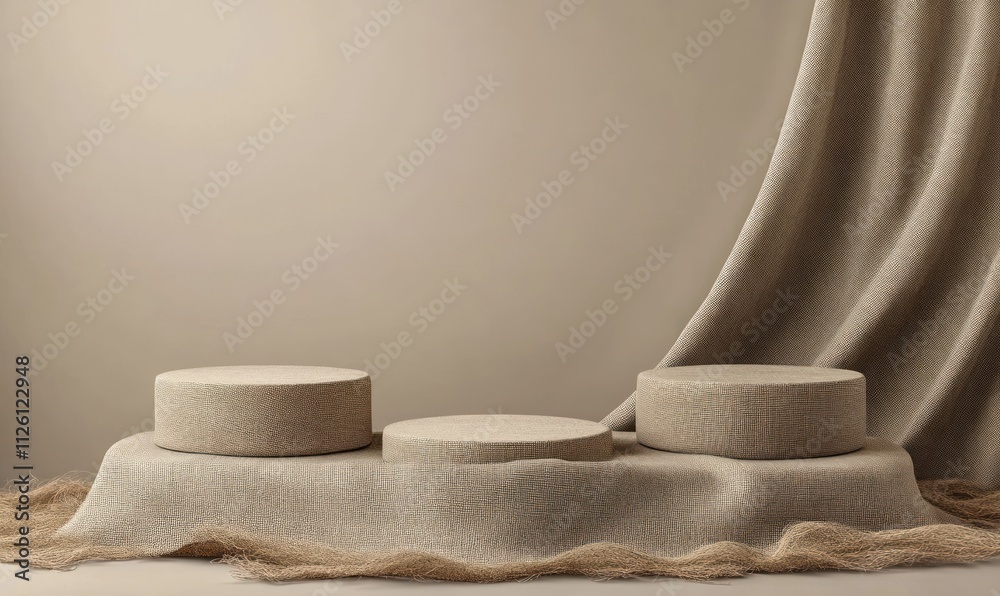 Poster minimalist display featuring three circular platforms on a textured surface.