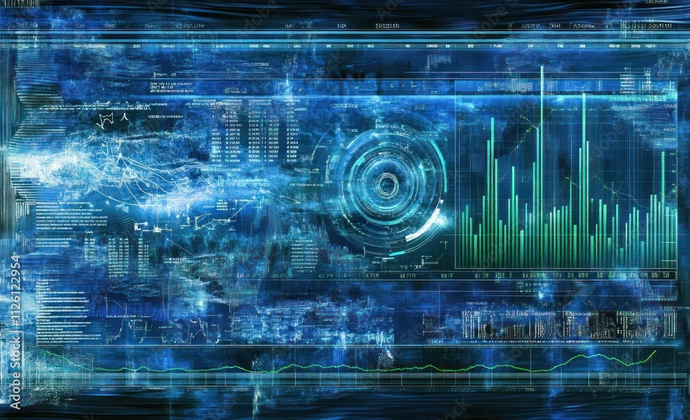 Fototapete Abstract digital interface with data visualization and analytics elements.