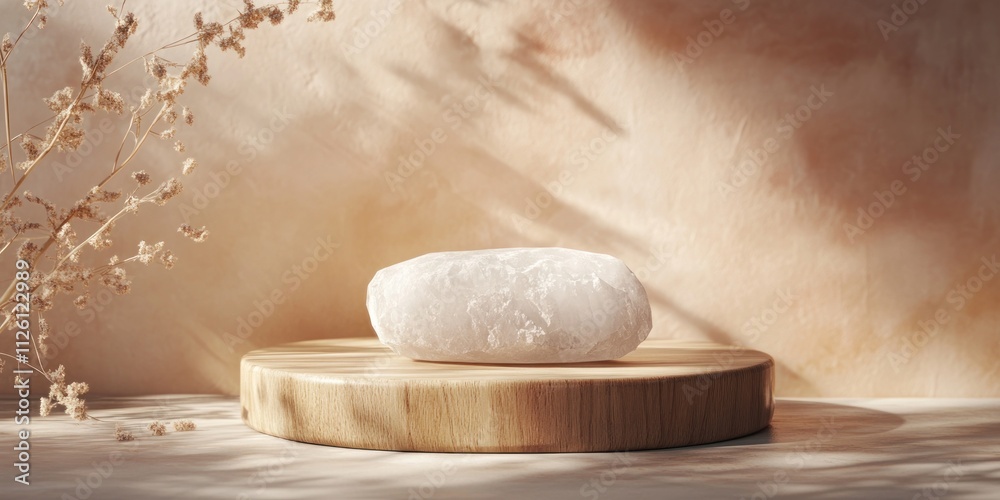 Poster A minimalist scene featuring a white object on a wooden platform with soft lighting.