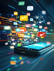 A smartphone emits colorful icons representing social media notifications, showcasing the rapid flow of information online in a modern context. Generative AI