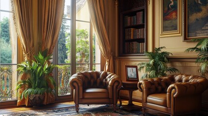 Obraz premium Elegant and Cozy Sitting Room with Lush Plants and Antique Furnishings