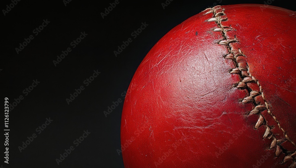 Poster a close-up view of a worn red sports ball showcasing its texture and stitching.