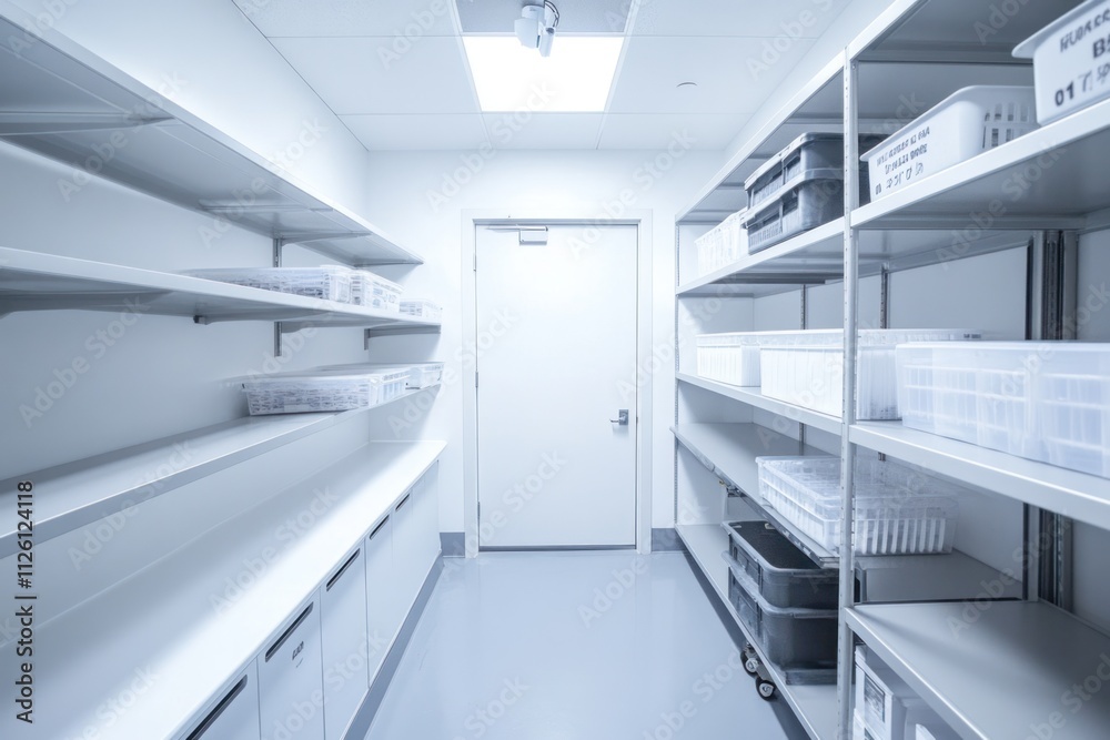 Poster a clean storage room with shelves and baskets, designed for organization and utility.