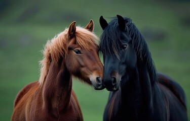 Two horses in love, one is brown and the other black, with a green background.