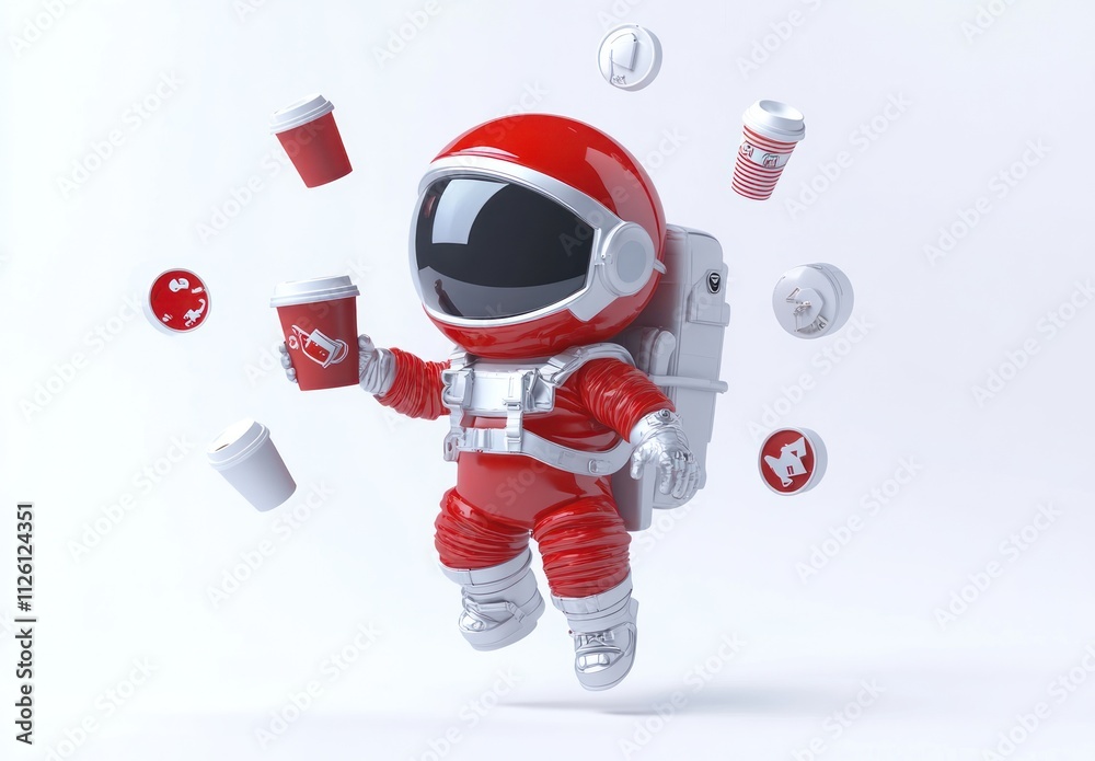 Poster a playful astronaut character floating with coffee cups and playful icons in a whimsical design.