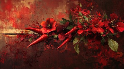 Crimson Passion: A Red Floral and Chili Pepper Still Life