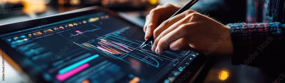 Poster A person interacting with data visualization on a touchscreen device.