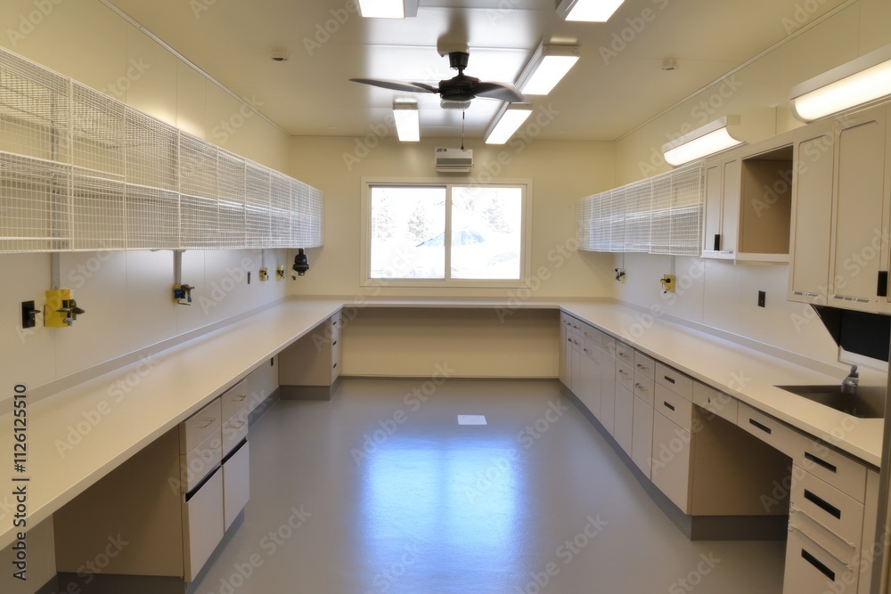 Poster a clean, well-lit laboratory space with counters and storage for scientific work.